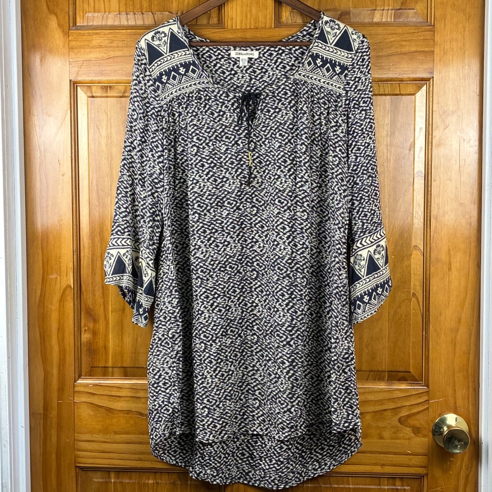 Billabong Womens S Navy Cream Geometric Tassel Tunic Dress Boho Beach Festival